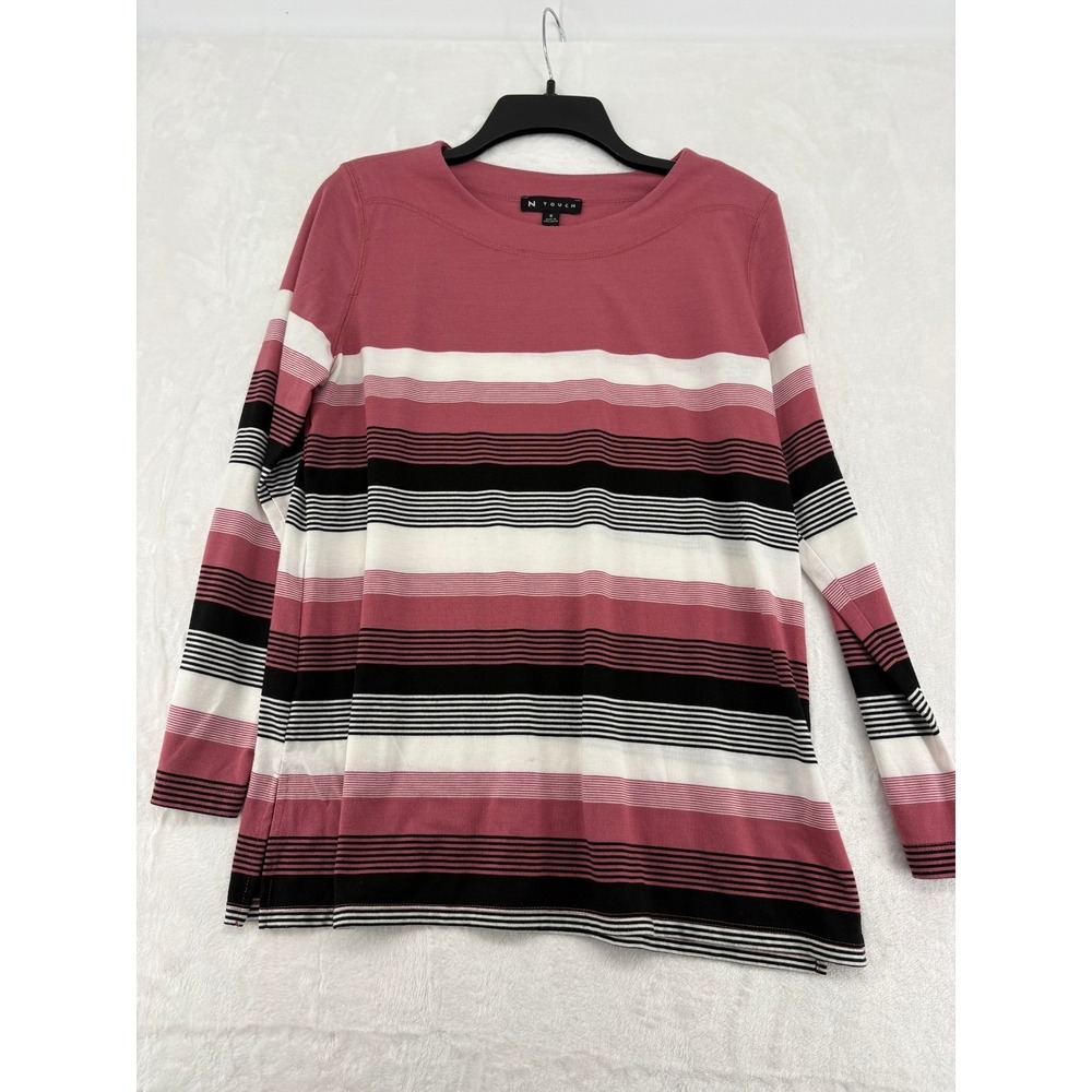 N Touch Top Womens S Shirt Pink Striped Long Sleeve Button Cuff 4658